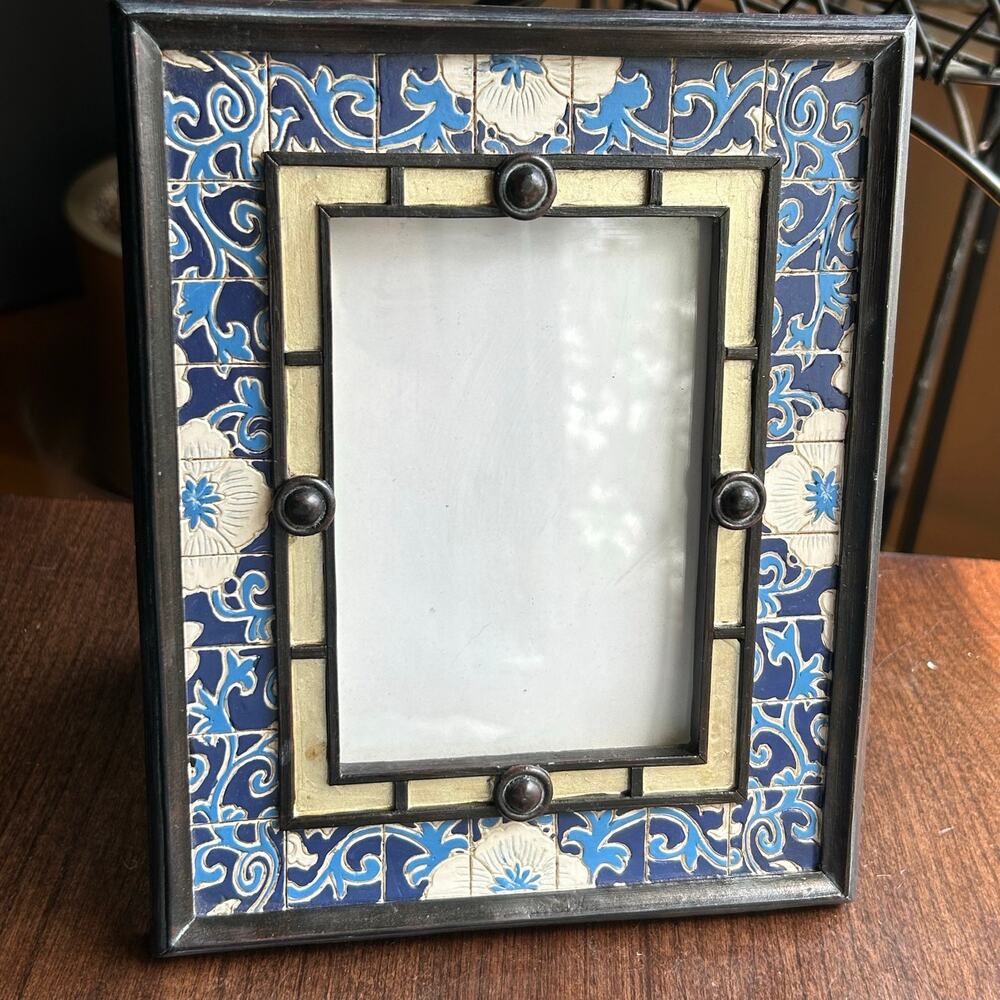 Six trees handcrafted picture frame blue white floral mosaic